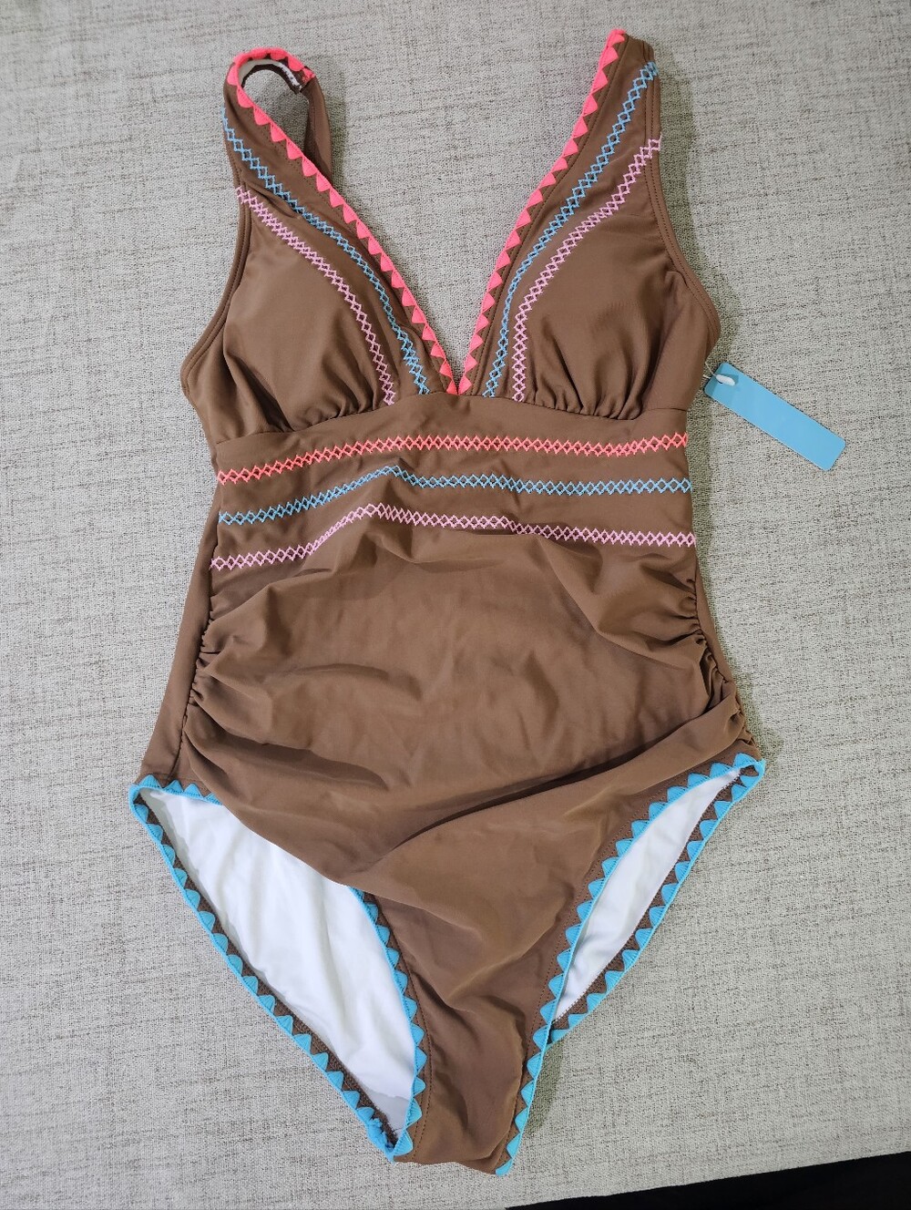 Small Popvil Brown Neon Trim Tummy Control One Piece Swimsuit Deep V Neck NWT